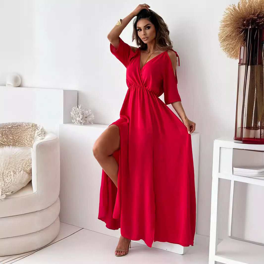 Collar Slit Hemline Sleeves Sexy Strap Dress