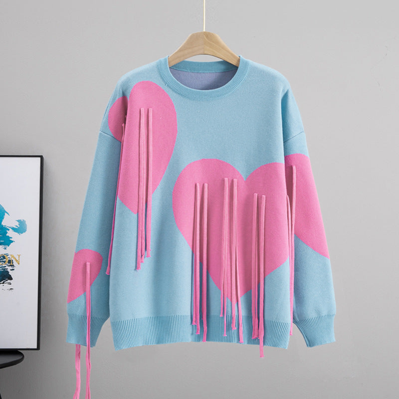 Women's Soft Round Neck Tassel Love Loose Lazy Sweater
