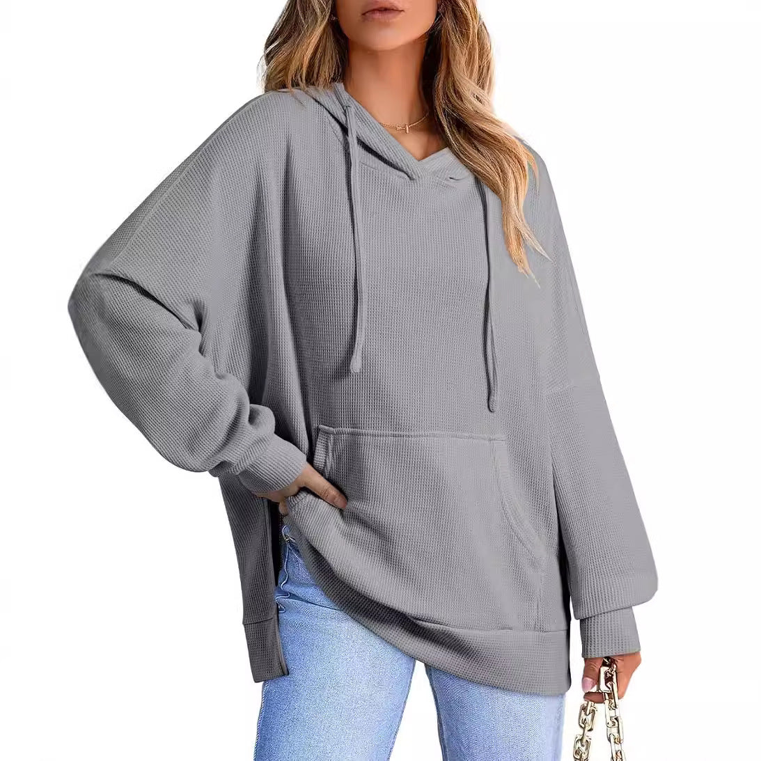 Women's Hoodie Waffle Knitted Side Slit Pullover With Pocket Women's Sweater, Sweater