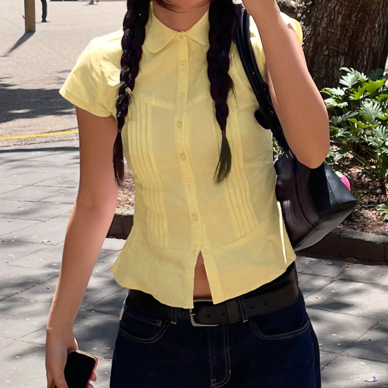 Women's Style Girly Pink Pleat Waisted Shirt Summer Slim Blouses