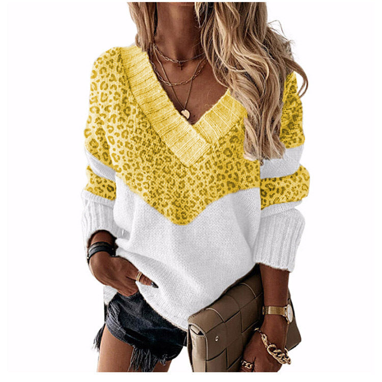 Collar Pullover Color Matching Striped Leopard Tops