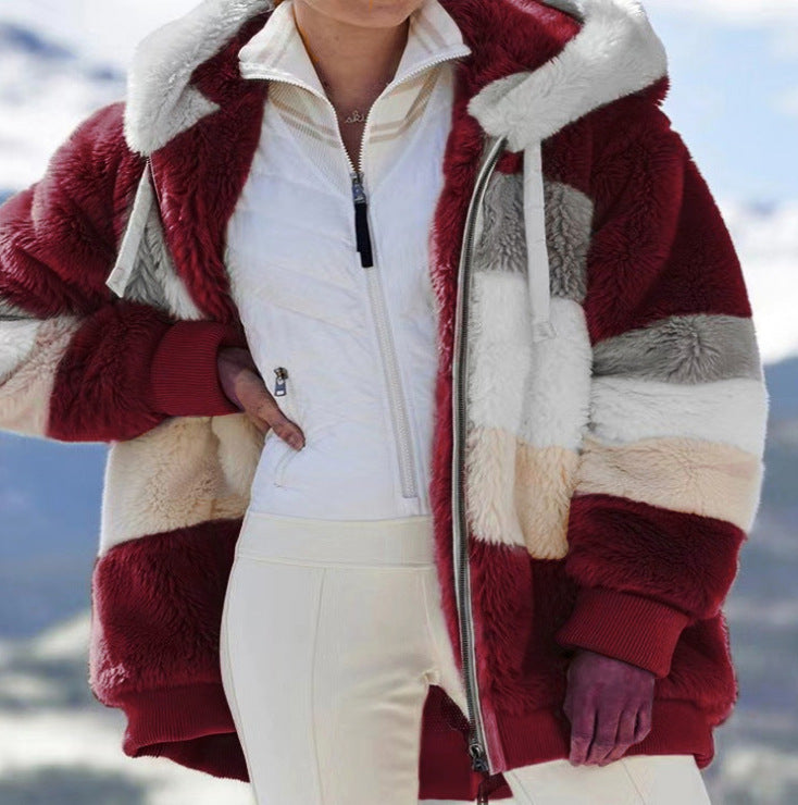 Women's Warm Plush Patchwork Zipper Pocket Hooded Coats