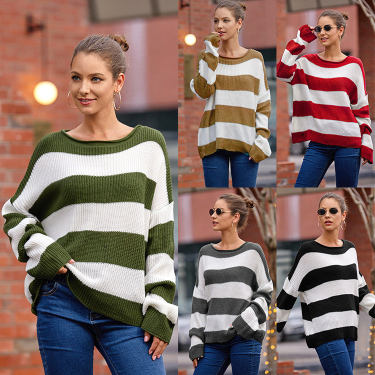 Women's Curling With Round Neck Striped Color Sweaters