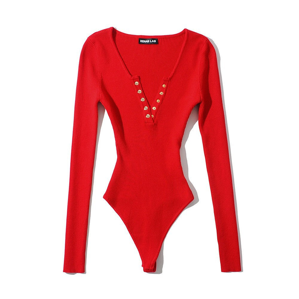 Women's Hot Sexy Button Knitted Long Sleeve Jumpsuits