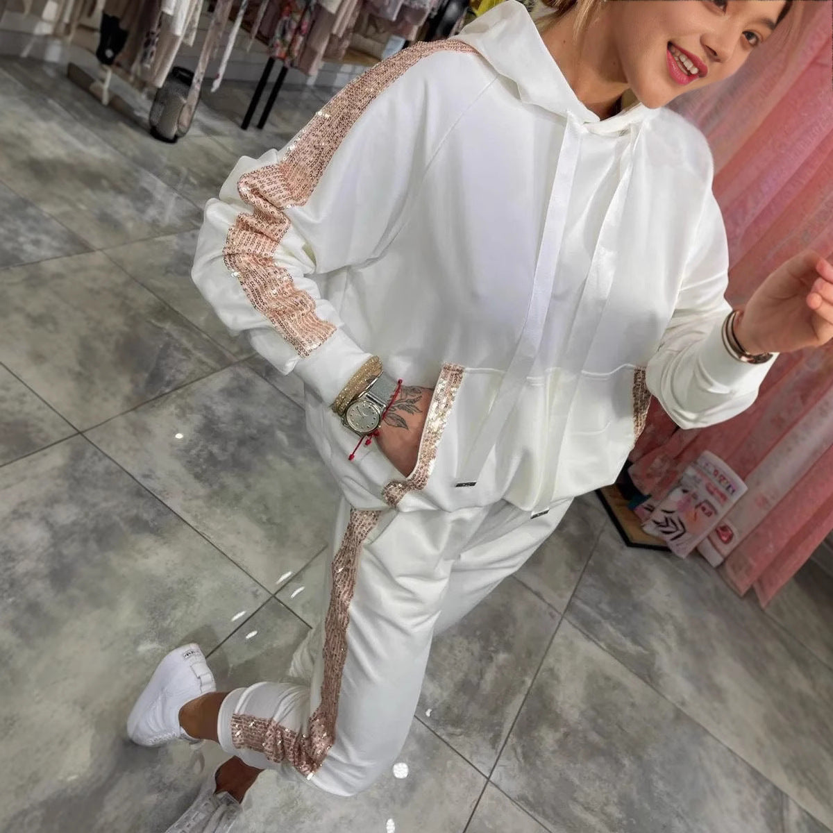 Casual Sequin Pocket Sports Hooded Sweatshirt Suits