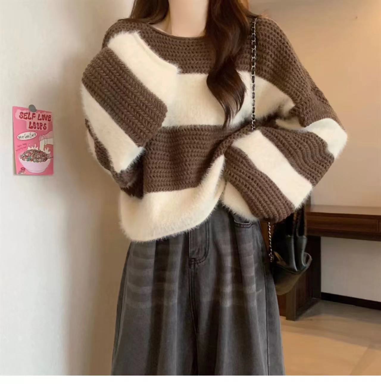 Women's Retro Loose Milk Lazy Striped Long Sleeve Tops