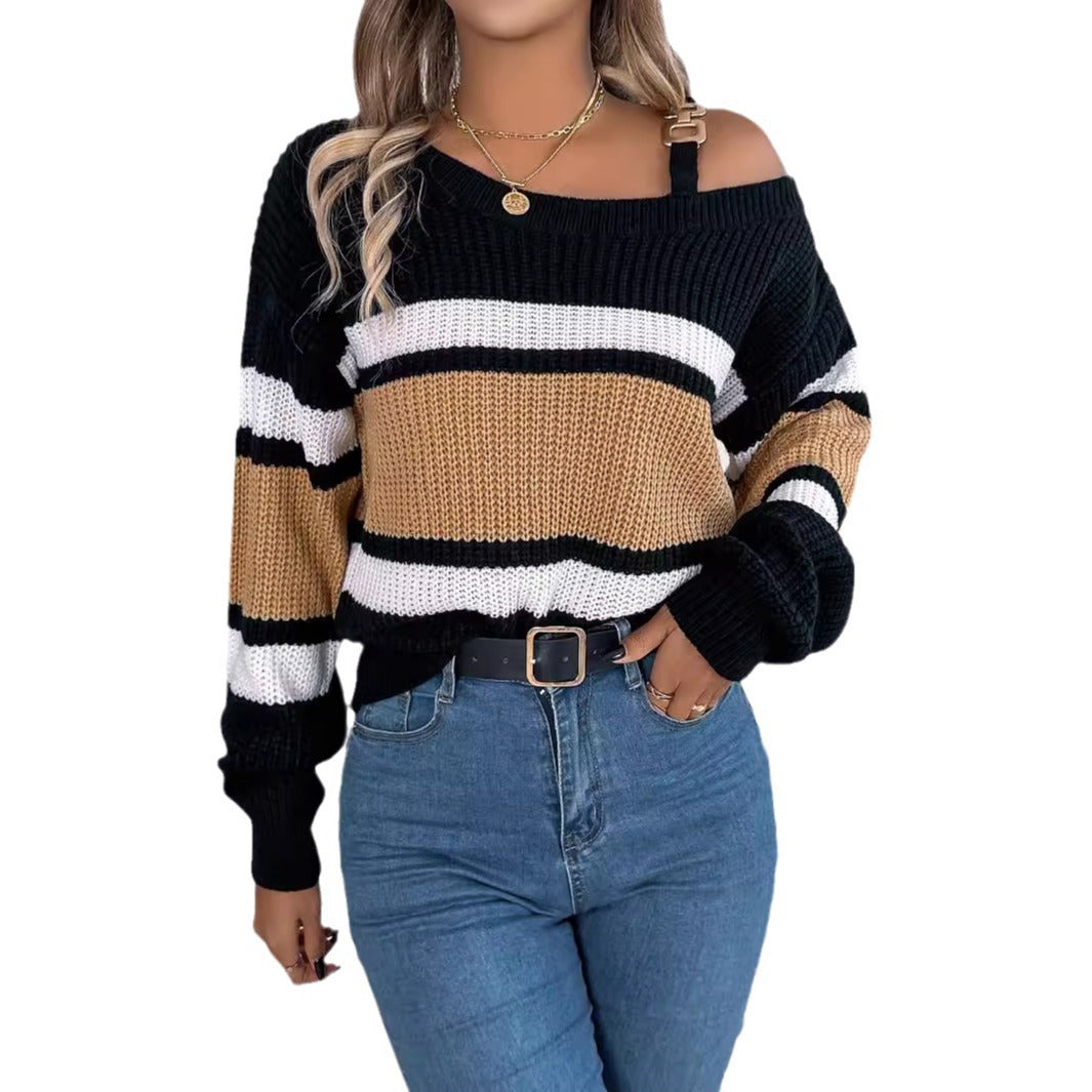 Women's Casual Contrast Color Striped Lantern Sleeve Metal Sweater