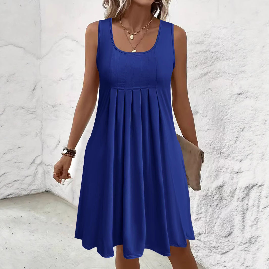 Women's Large Summer Solid Color Pleated Design Casual Sleeveless Dress