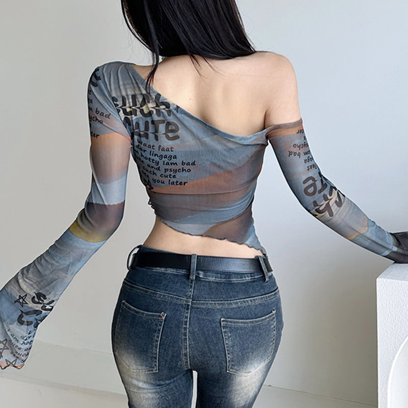 Contrast Color Letter Print T-shirt Lightweight Mesh Flared Blouses