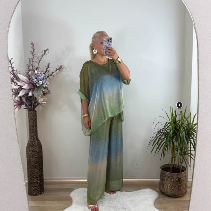 Print Round Neck Loose Wide Leg Suits