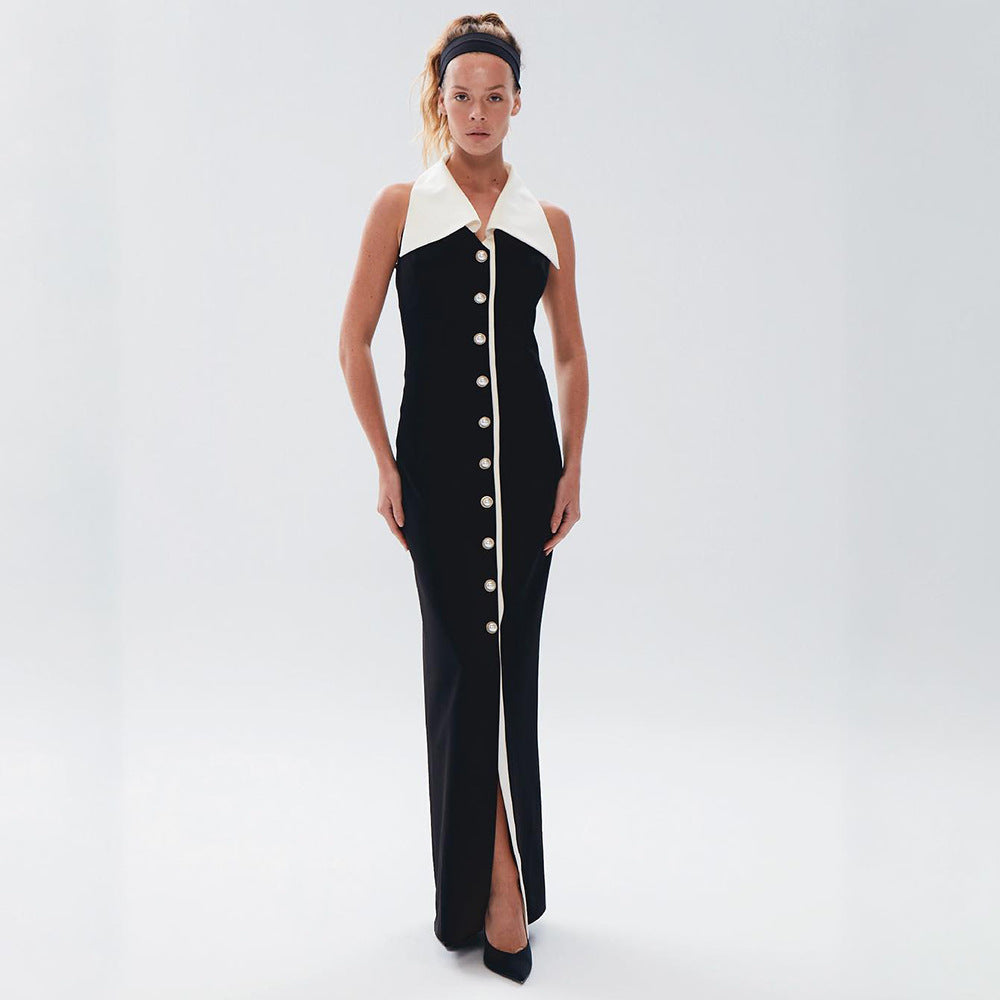 Women's Summer Fashion Dress Elegant Lapel Color Matching Dresses