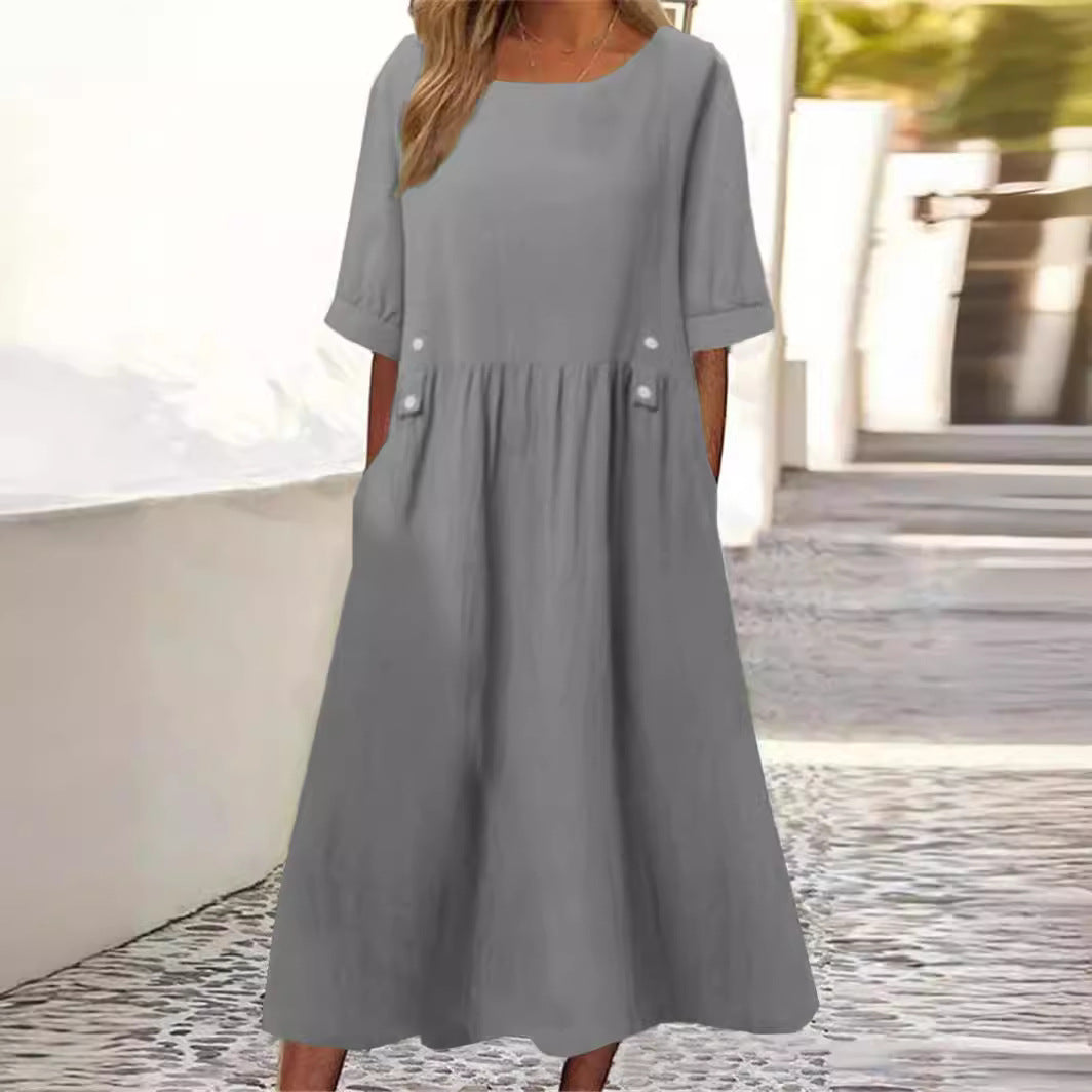 Summer Sleeve Cotton Linen Dress Round Dresses