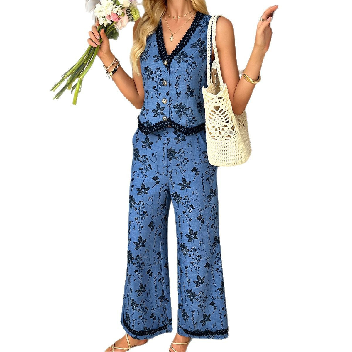 Pretty Women's Bohemian Printed Lace Long Pants
