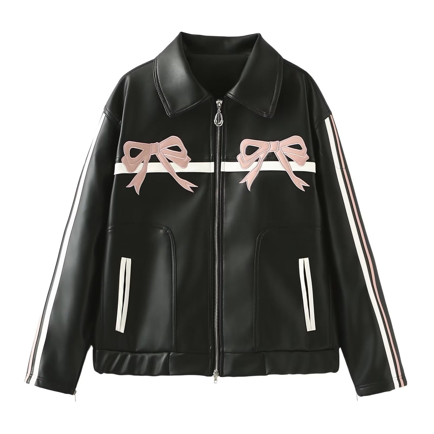 Women's Winter Sweet Cool Bowknot Embroidery Leather Jackets