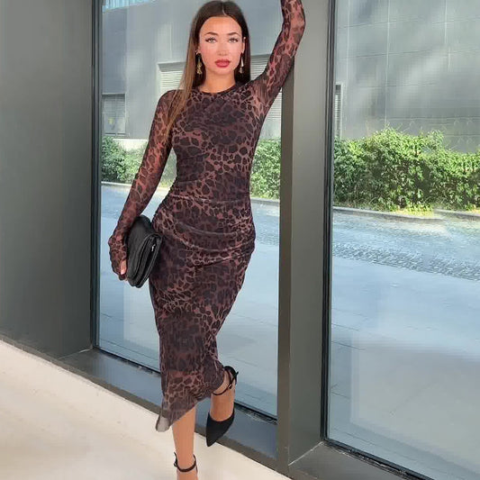 Women's Crew Neck Printed Leopard Print Cinched Dresses