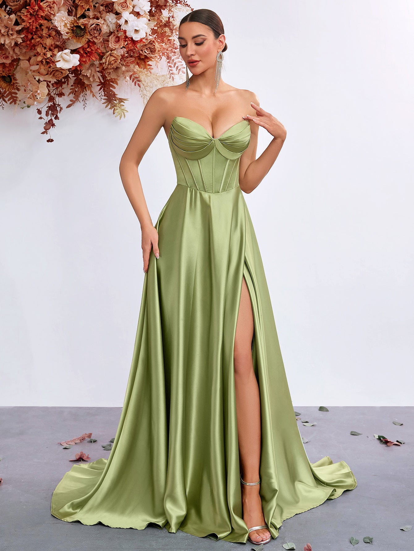 Satin Tube Tight Waist Fishbone Slim Fit Slit Long High-grade Dress