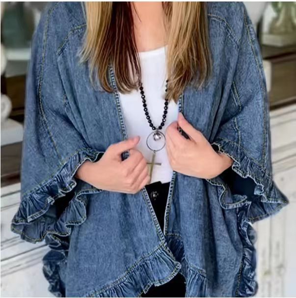 Women's Denim Fashion Ruffles Versatile Mid-length Sleeve Jackets
