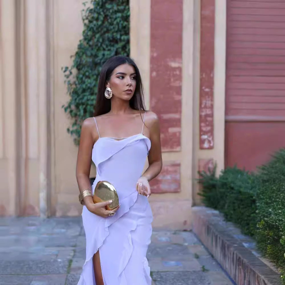 Spring Slit Ruffled Sexy Suspender Dress Dresses