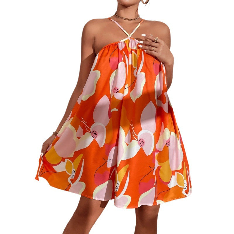 Printed Strap Beach Vacation Style Loose Dress