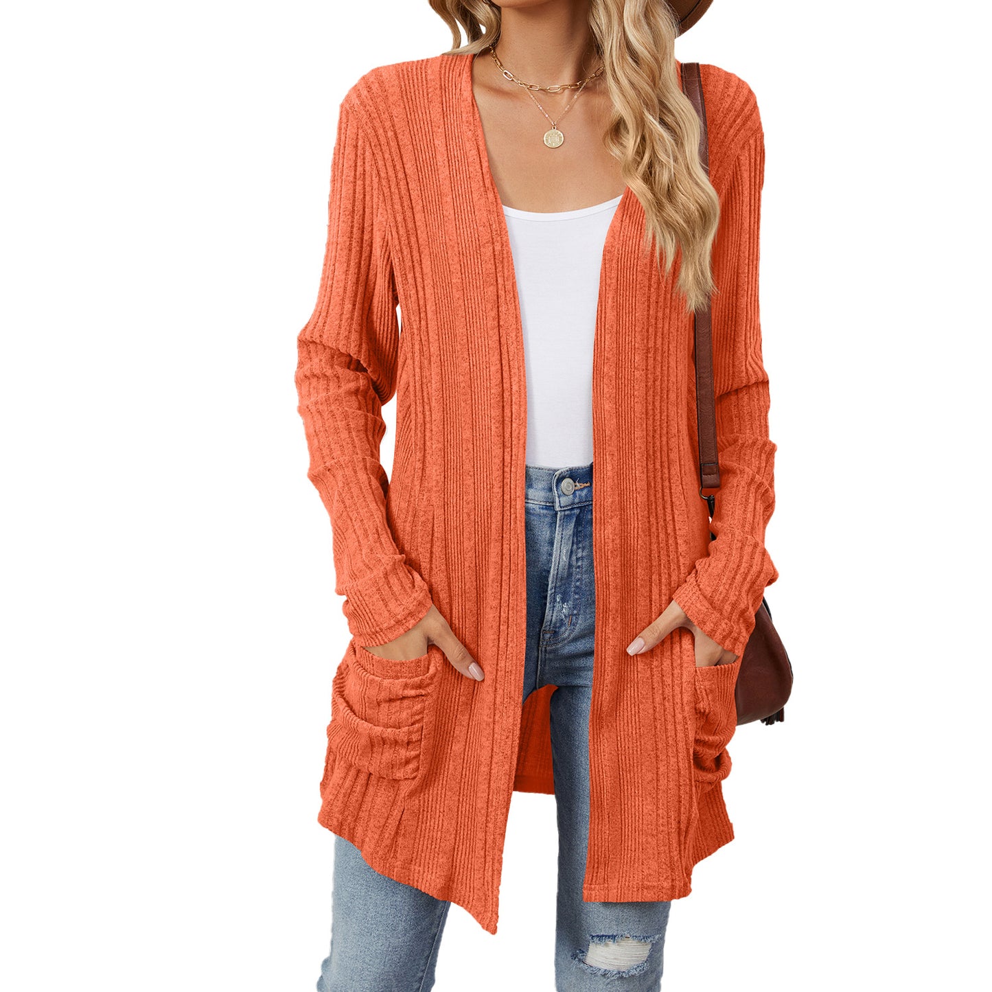Women's Color Rib Fabric Brushed Pocket Long Cardigans