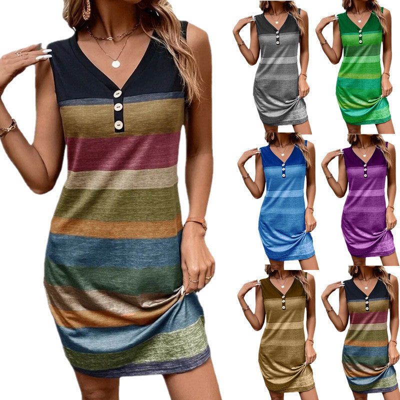 New Striped Printed Button Loose Long Dress