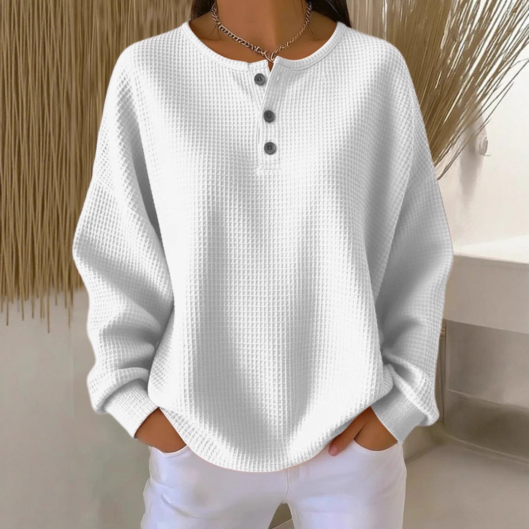 Round Neck Waffle Solid Color Pullover Women's Sweater
