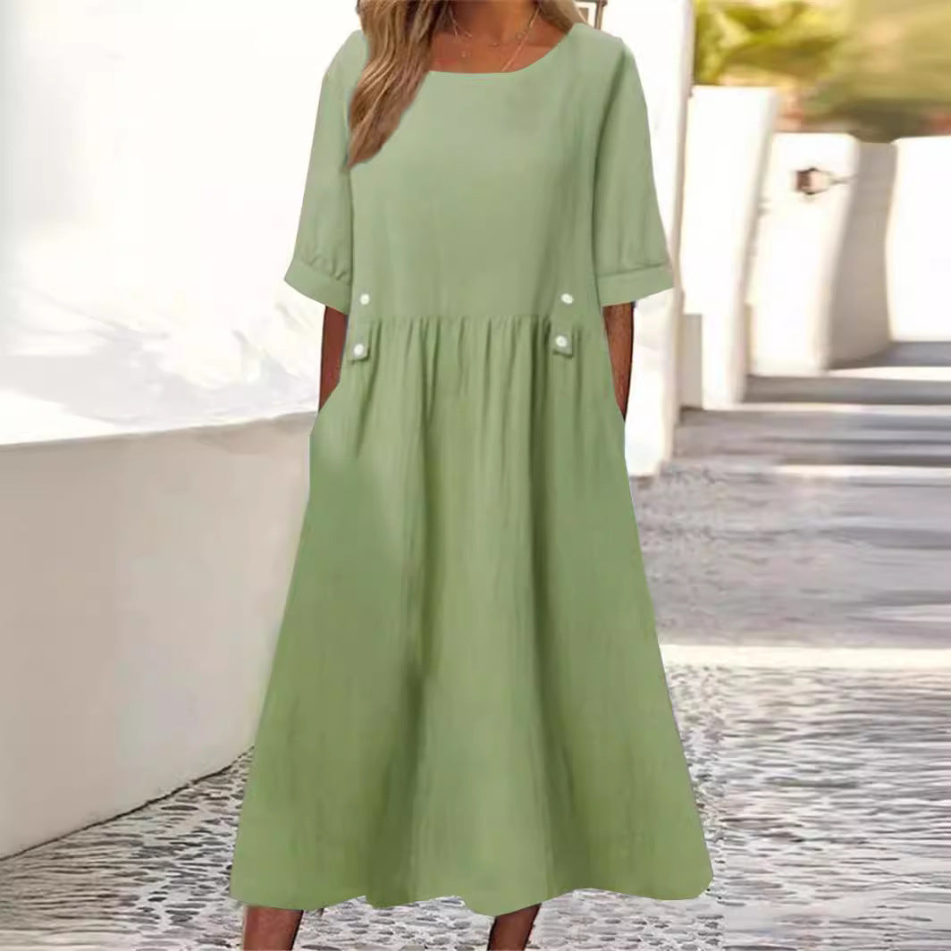 Summer Sleeve Cotton Linen Dress Round Dresses
