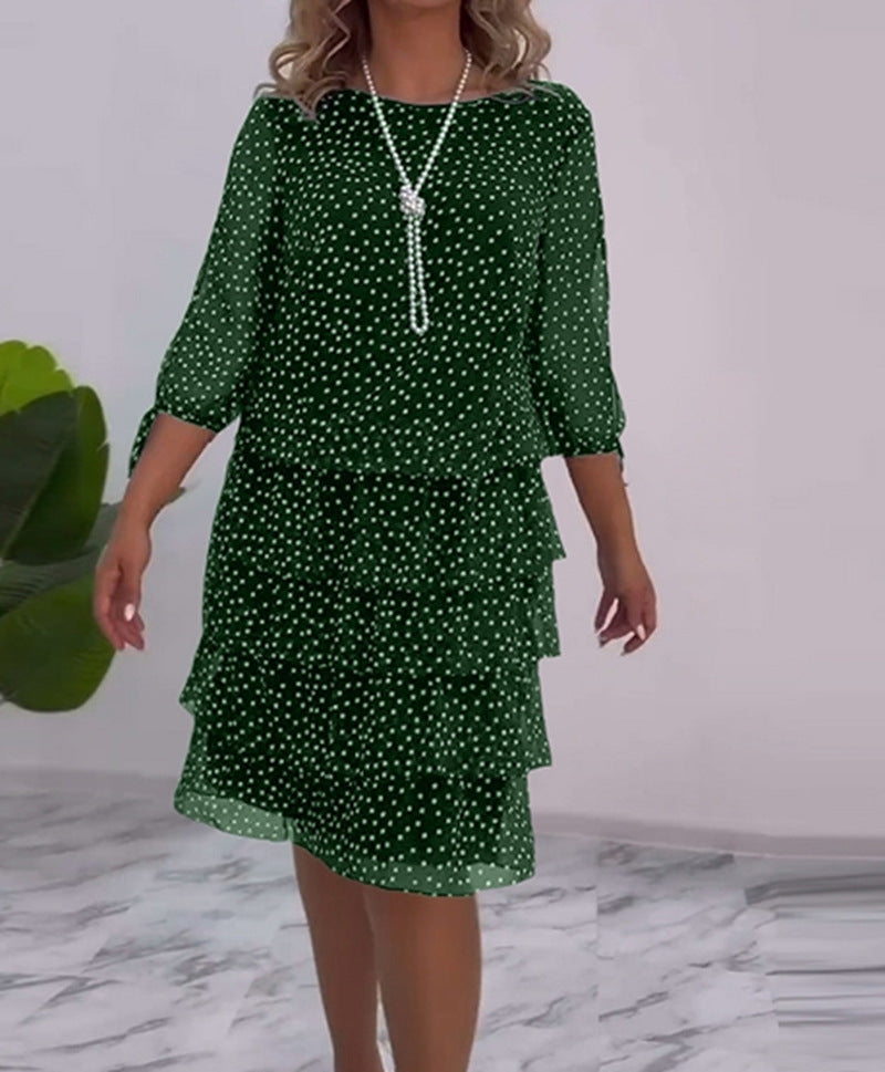 Women's Autumn Elegant Printed Round Neck Polka-dot Dresses