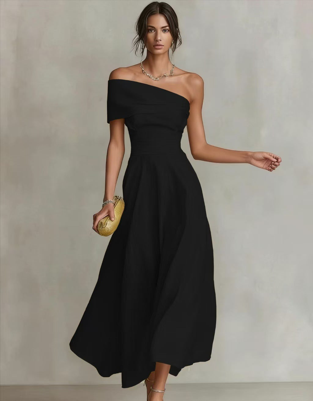 Women's Solid Color Waist Tight Slant Shoulder Collar Backless Dress