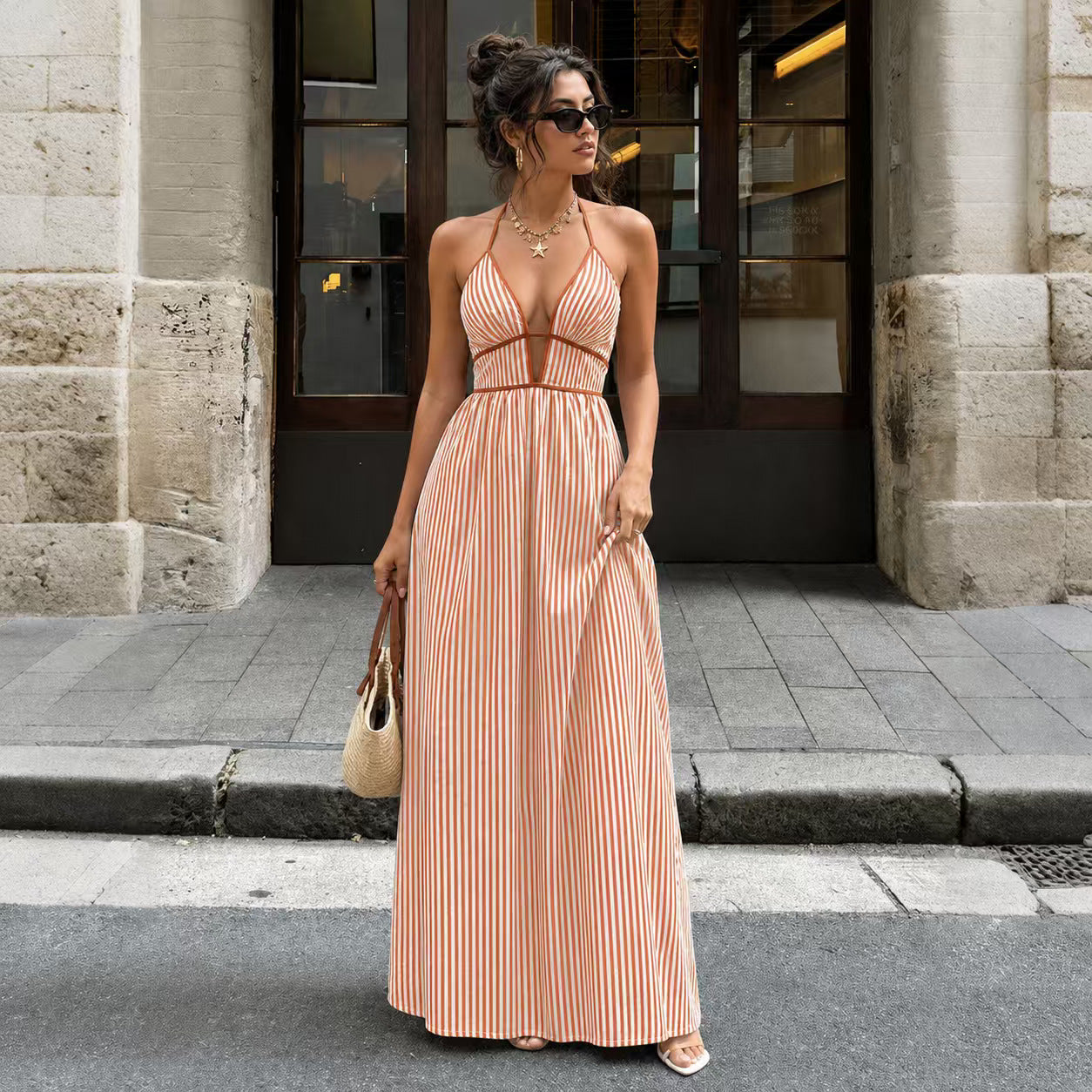 Summer Deep Striped Holiday Backless Sleeveless Dress