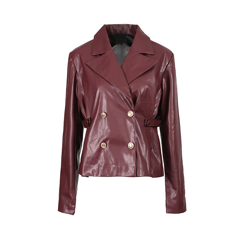 Lapel Double Breasted Drawstring Patchwork Slimming Jackets
