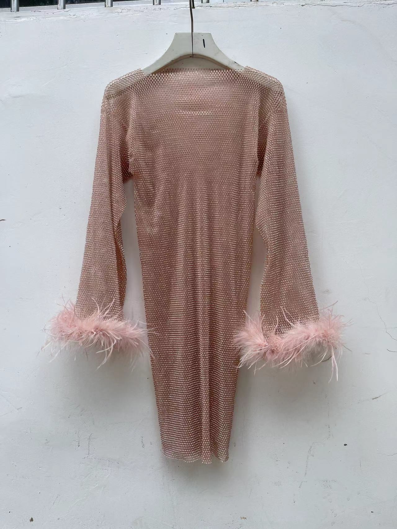 Fashion Luxury Hollow Mesh Ostrich Feather Slimming Bottoming Dress