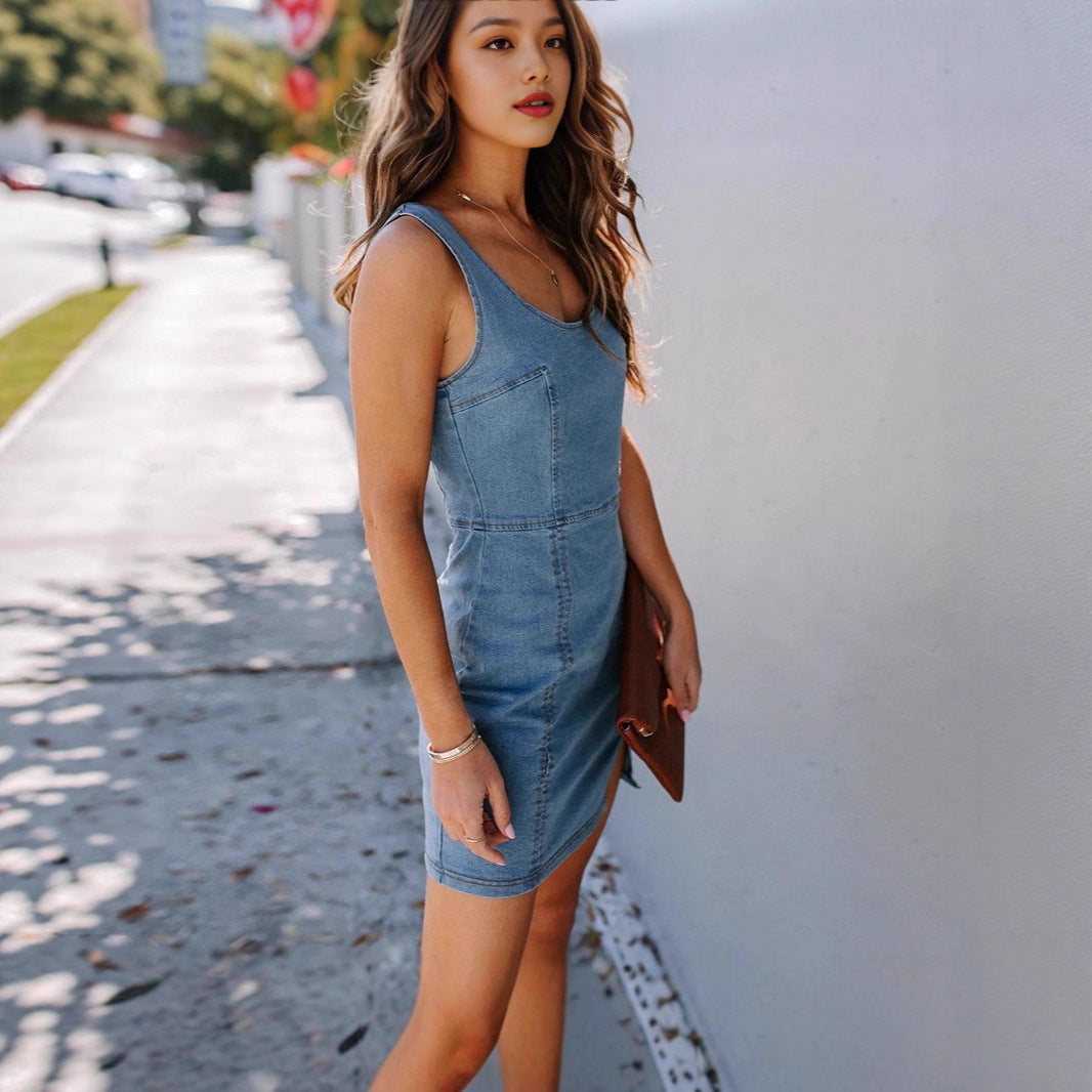 Women's Denim Round Neck Sleeveless Suspender Dress