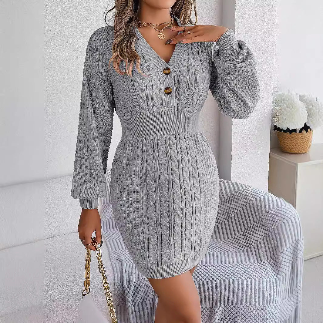 Women's Clearance Button Twist Lantern Sleeve Package Dress