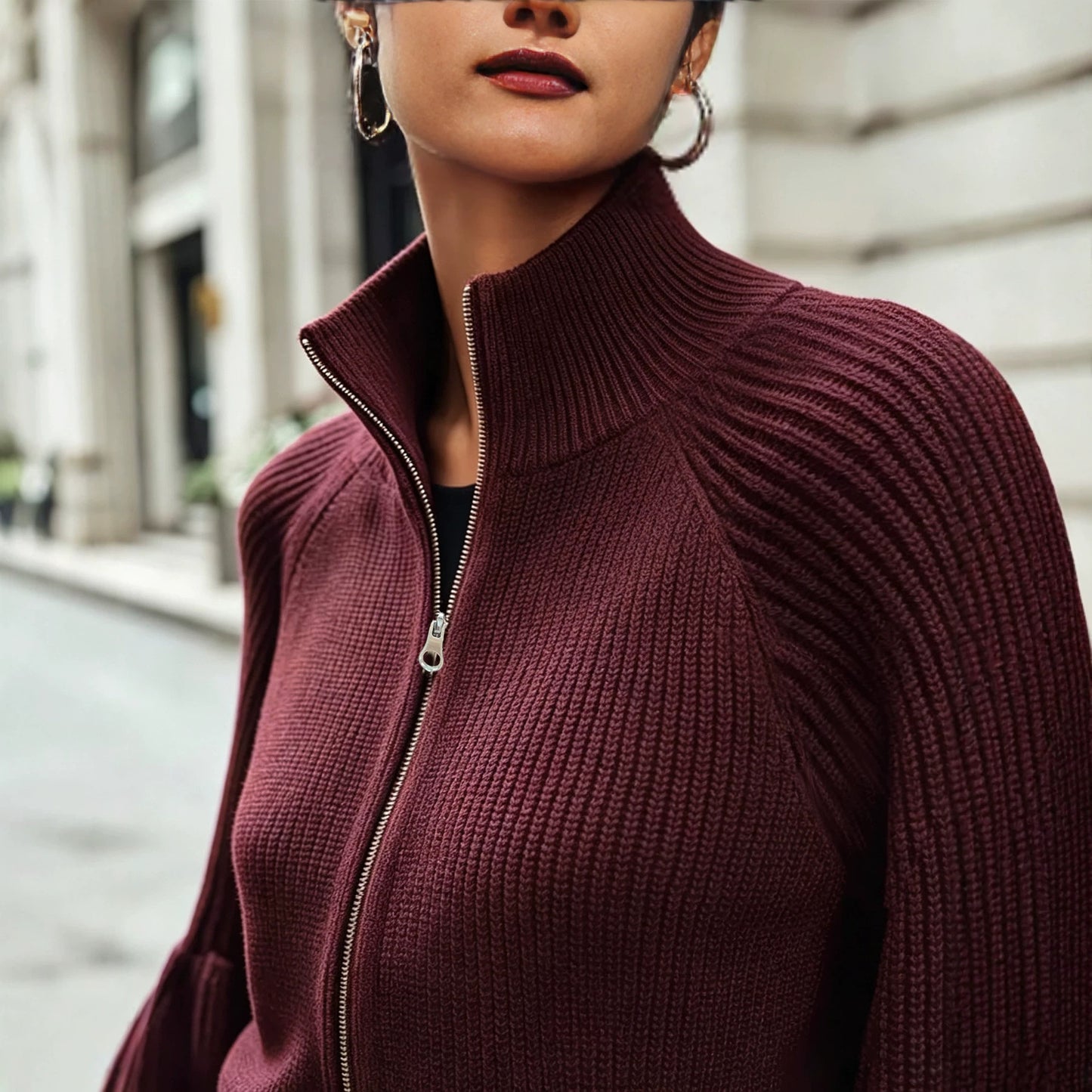 Women's High Stand Collar Zipper Knitted Thick Fluffy Women's Sweater