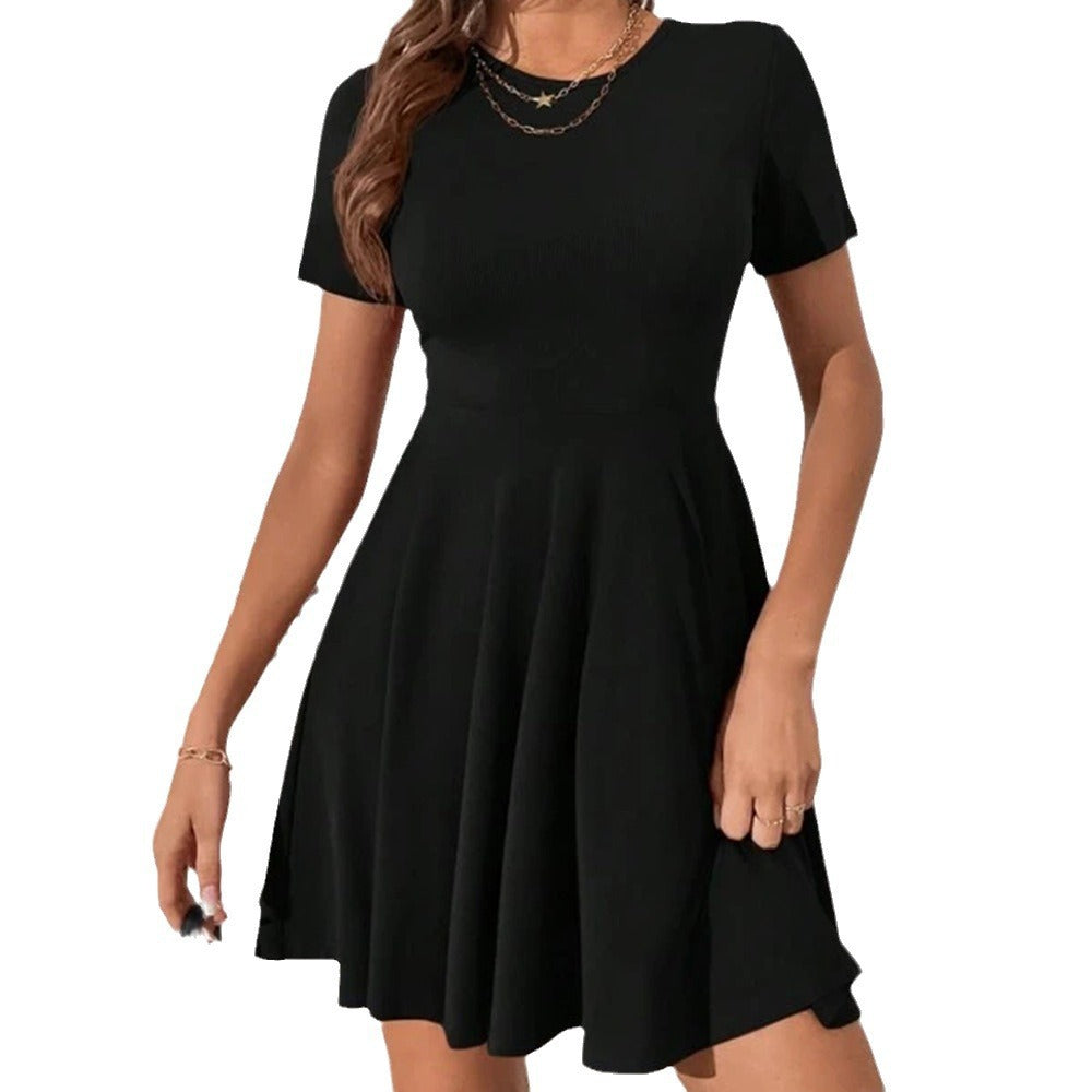 Women's Color Rib Fabric Stitching Casual Fashion Round Neck Dress