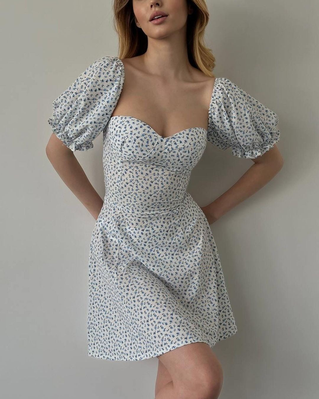 Women's Vintage Floral High Waist Puff Sleeve Dress