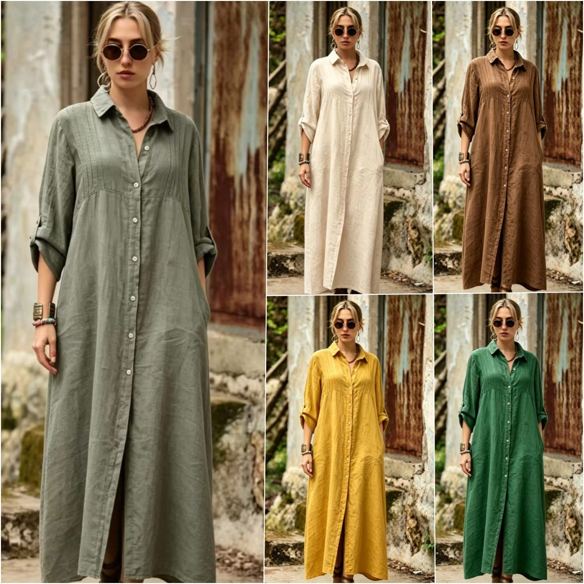 Solid Color Shirt Collar Long Sleeve Temperament Elegant Simple Loose Dress