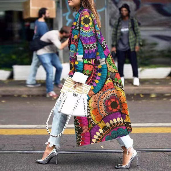 Women's Fashion Loose Print Woolen Printing Coats