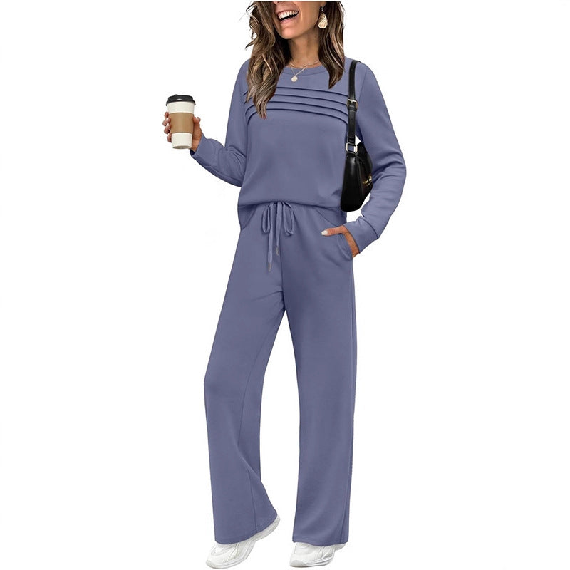 Women's Autumn Long Sleeve Round Neck Elastic Waist Trousers Fashion Casual Suit