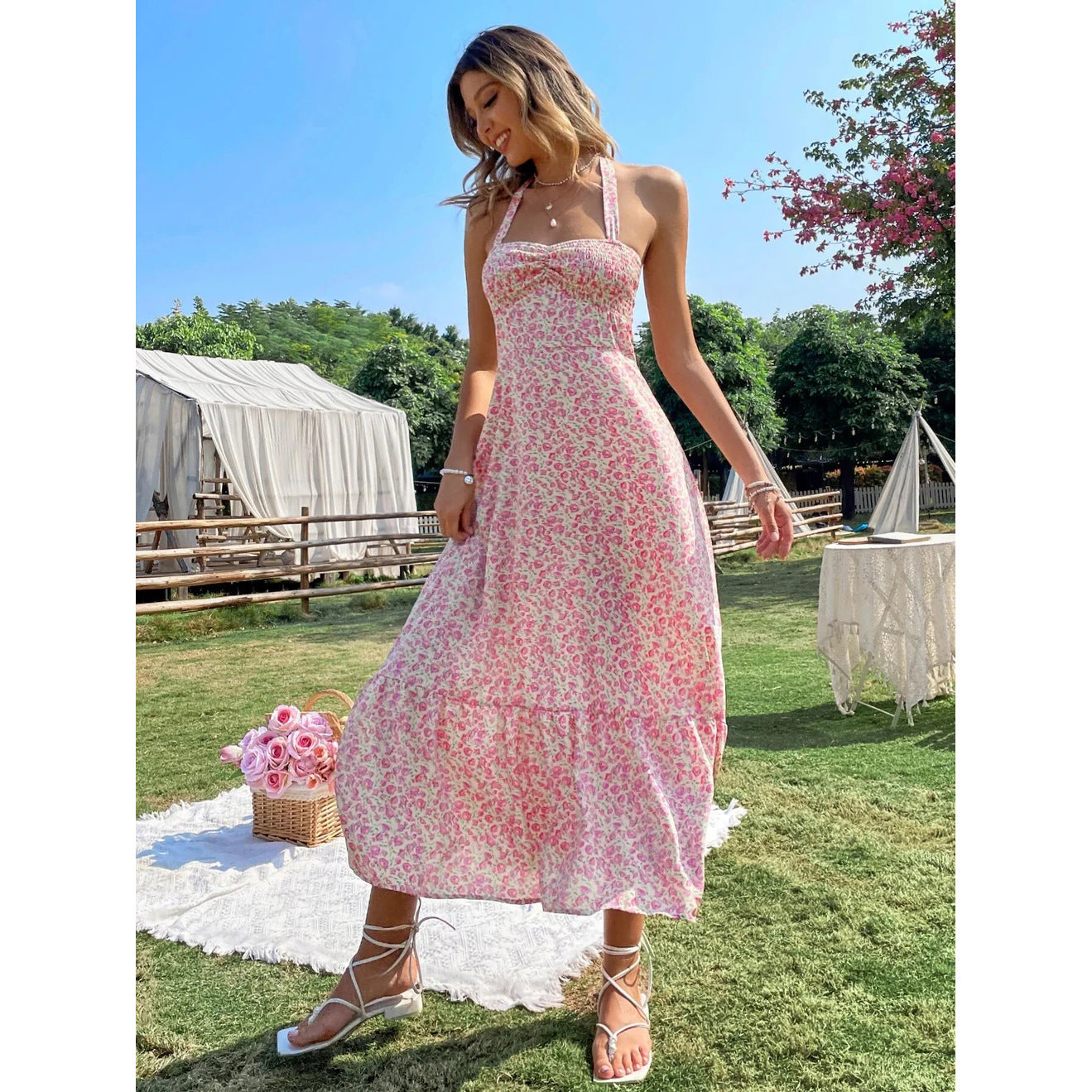 Print Sleeveless Bust Pleating Backless Waist Dresses