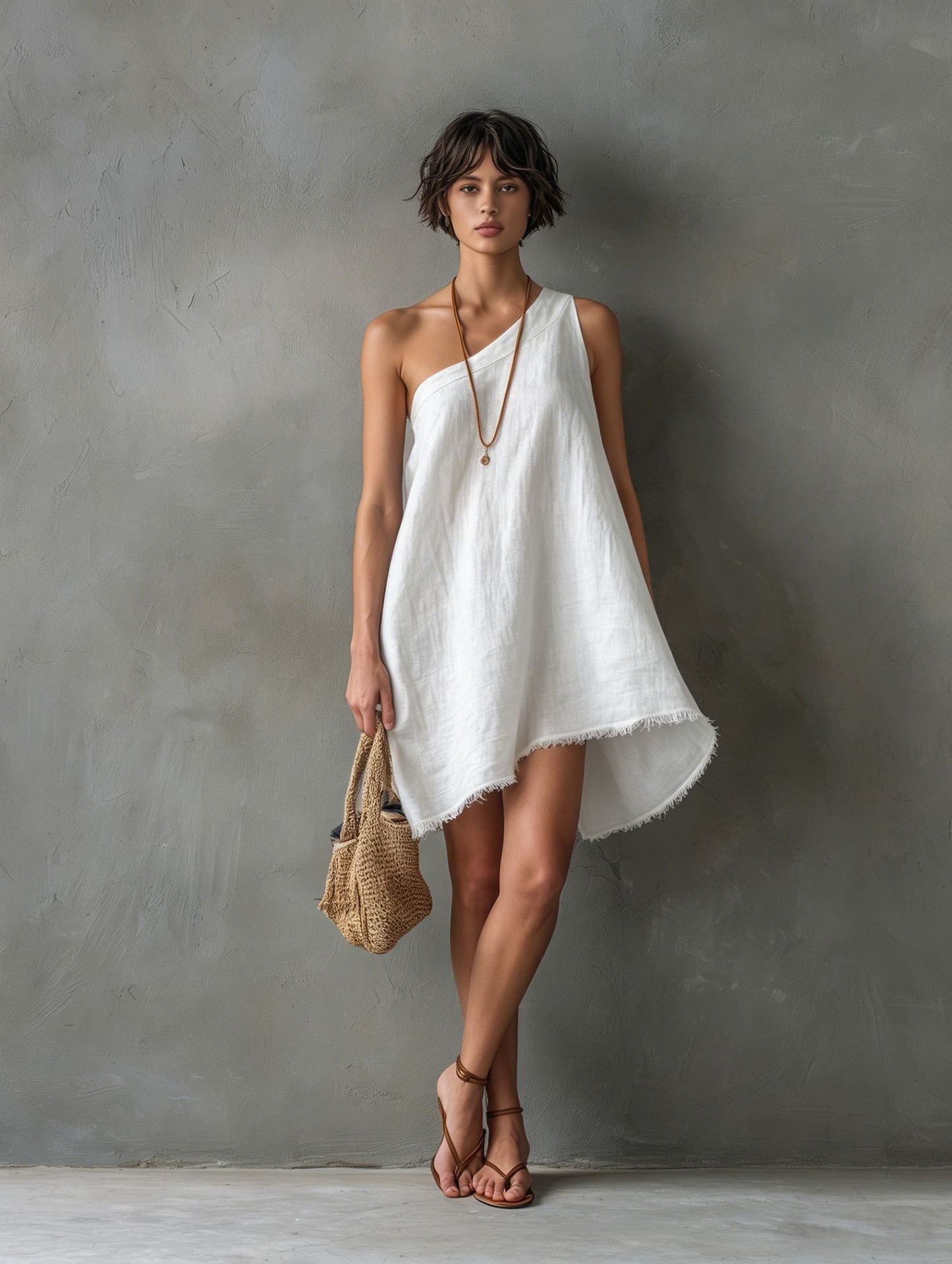 Women's Minimalist Linen Blend Shoulder Sleeveless Frayed Dress