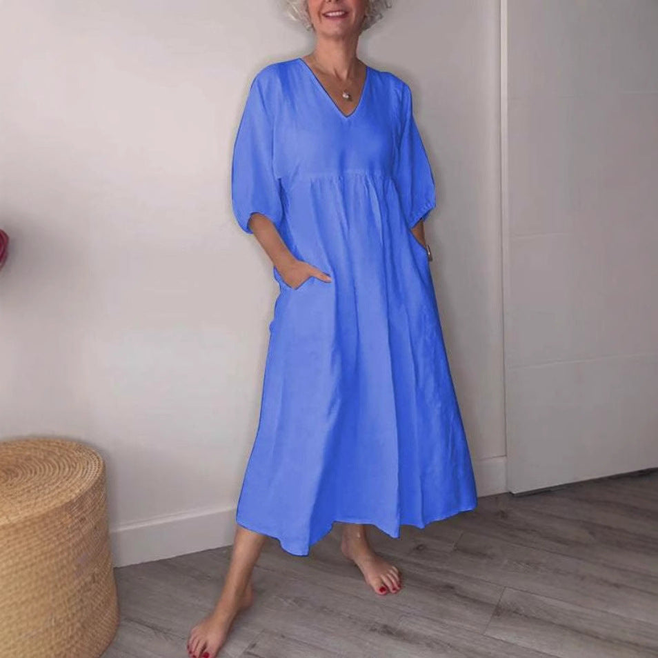 Women's Autumn Cotton Linen Deep Pleated Solid Color Casual Dress