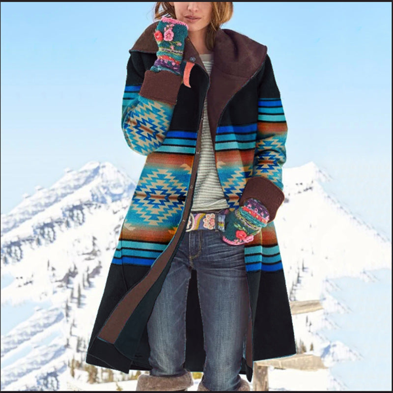 Women's Mid-length Printed Long-sleeved Dragon Phoenix Woolen Coats