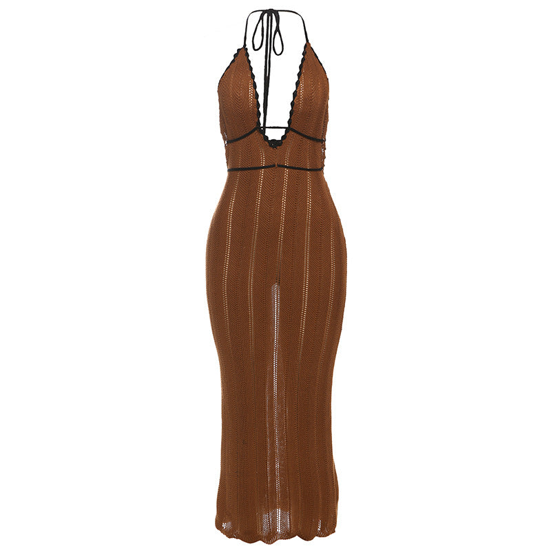 Women's Fashion Color Contrast Halter Backless Knitted Dresses
