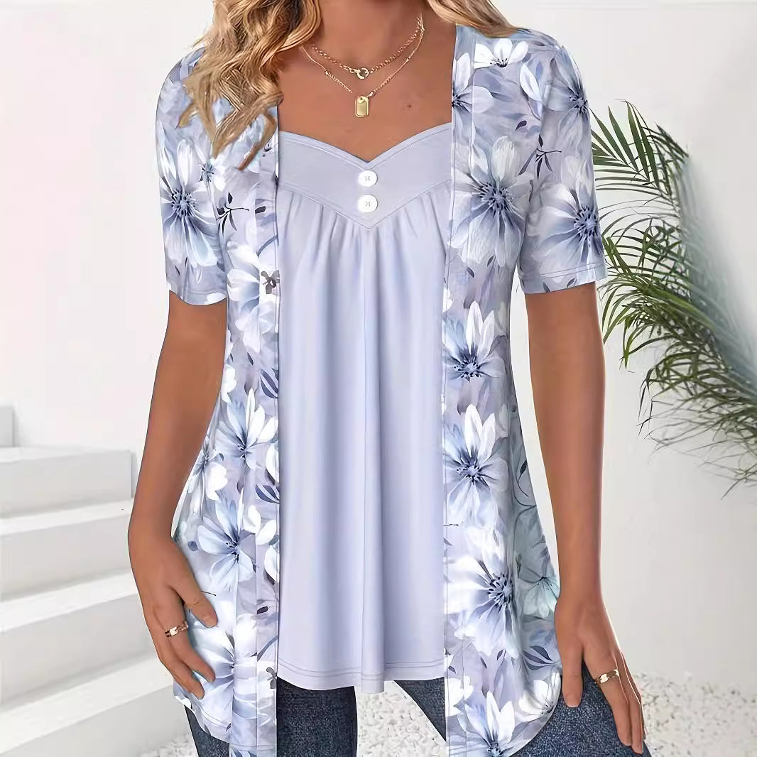Women's Fake Two Pieces Sleeve Printed Fashion Blouses