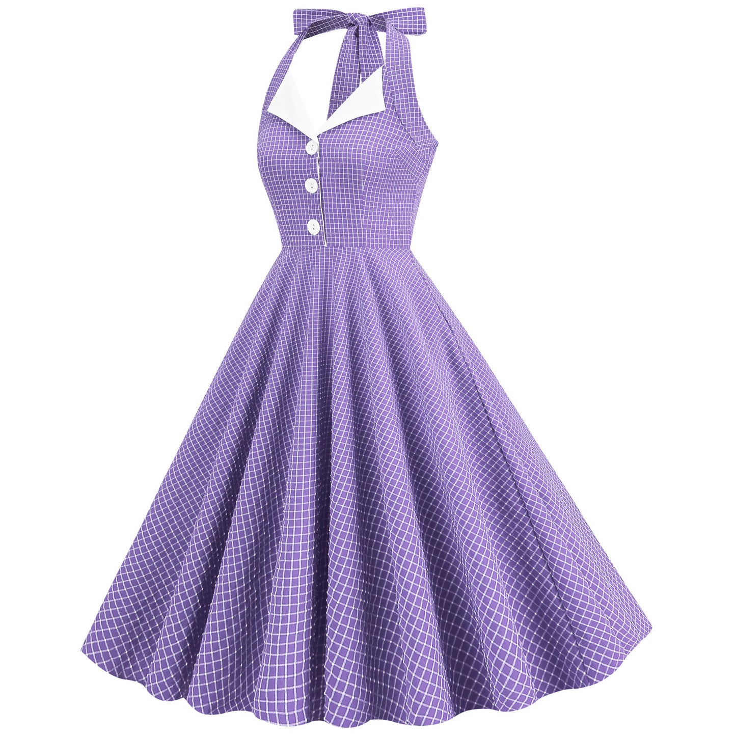 Navy Style Plaid Contrast Color Lapel Halter Large Swing Hepburn Dress