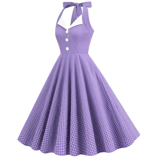 Navy Style Plaid Contrast Color Lapel Halter Large Swing Hepburn Dress