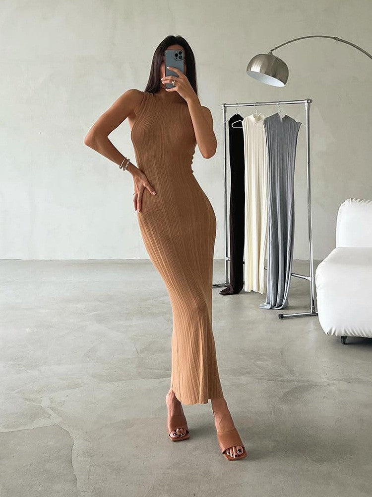 Knitted Turtleneck Sleeveless Tight Midi Elegant Skirts