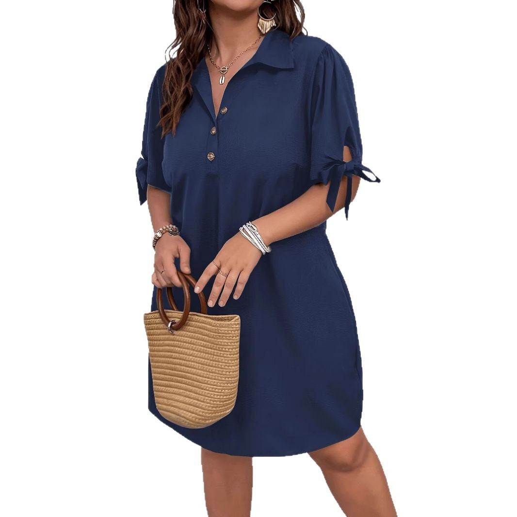 Polo Collar Solid Color Bow Sleeve Temperament Leisure Dresses